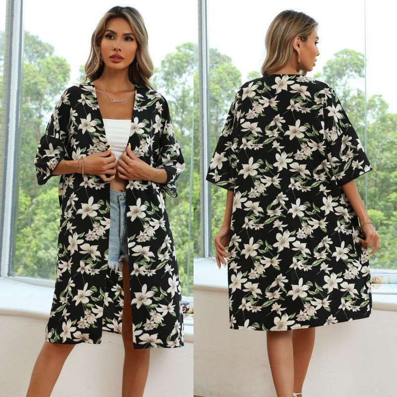 Women Long Kimono Flower Coat with Floral Print, Open Front and 3/4 Sleeves Mune Fashion