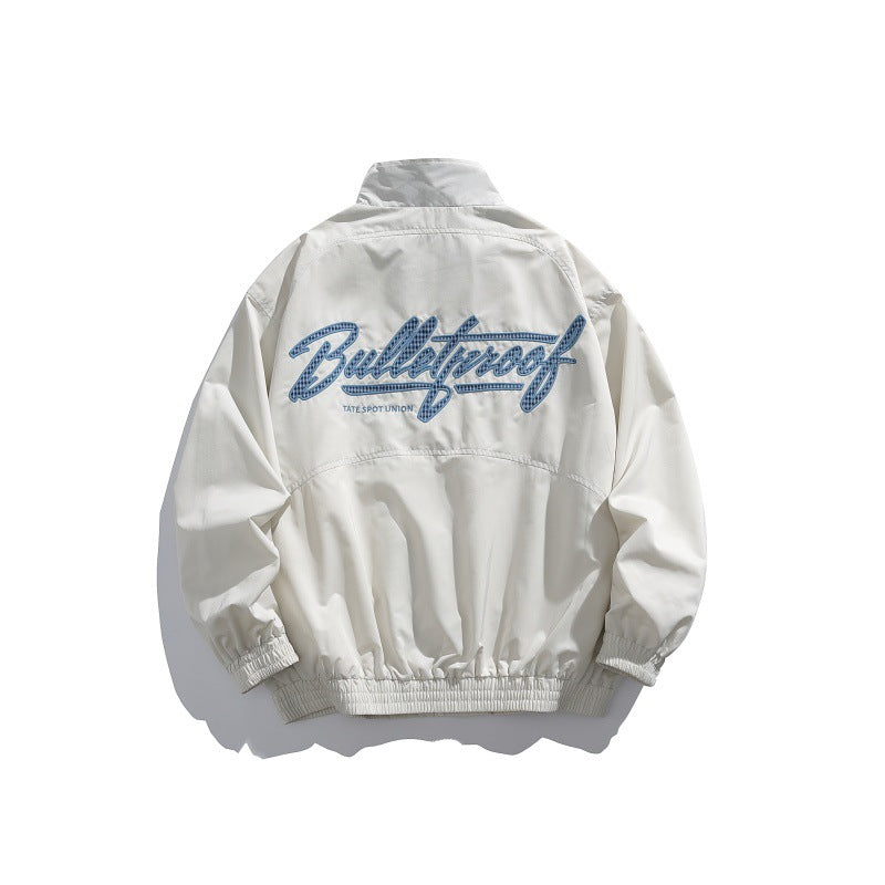Unisex Lightweight Boxy Blouson Jacket with Stand-up Collar, Elastic Cuffs and Embroidered Chest Detail Mune Fashion