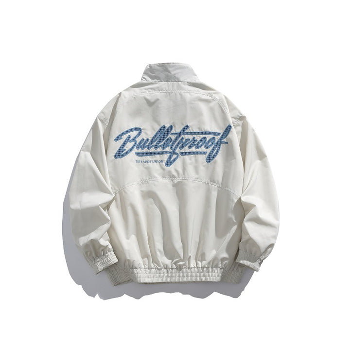 Unisex Lightweight Boxy Blouson Jacket with Stand-up Collar, Elastic Cuffs and Embroidered Chest Detail Mune Fashion
