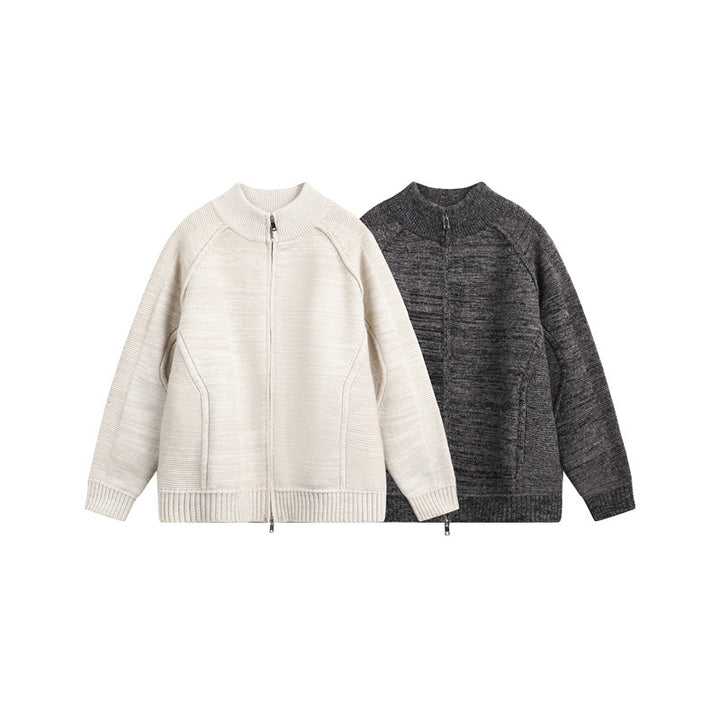 Unisex Thick Knit Zip Jacket with High Stand-Up Collar and Two-Way Zipper Mune Fashion