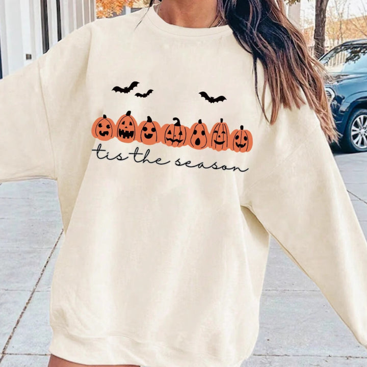 Women's Oversized Sweatshirt with Halloween Pumpkin Print and Round Neck