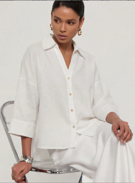 Women's Lightweight Oversized Linen Look Blouse with Three-Quarter Sleeves and Full Button Placket Mune Fashion