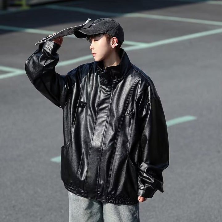 Men's Oversized Faux Leather Bomber Jacket with Stand Collar and Elastic Hem Mune Fashion