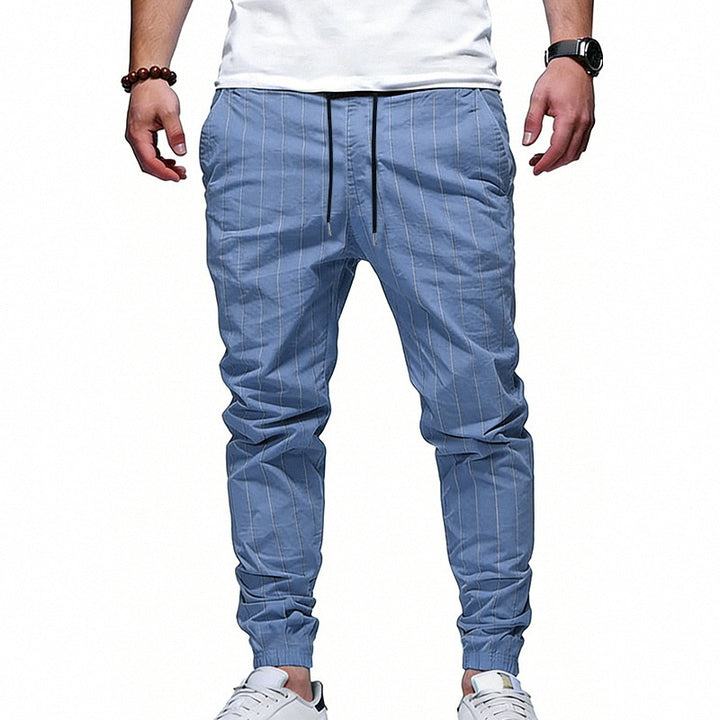 Men's striped jogging pants in linen look with drawstring and narrow tapered cuffs Mune Fashion