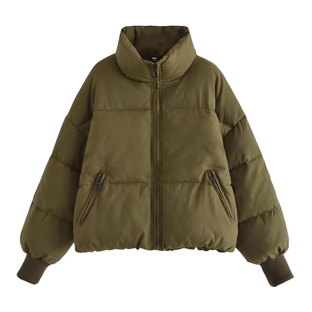 Women's Short Quilted Puffer with High Standing Collar and Ribbed Cuffs Mune Fashion