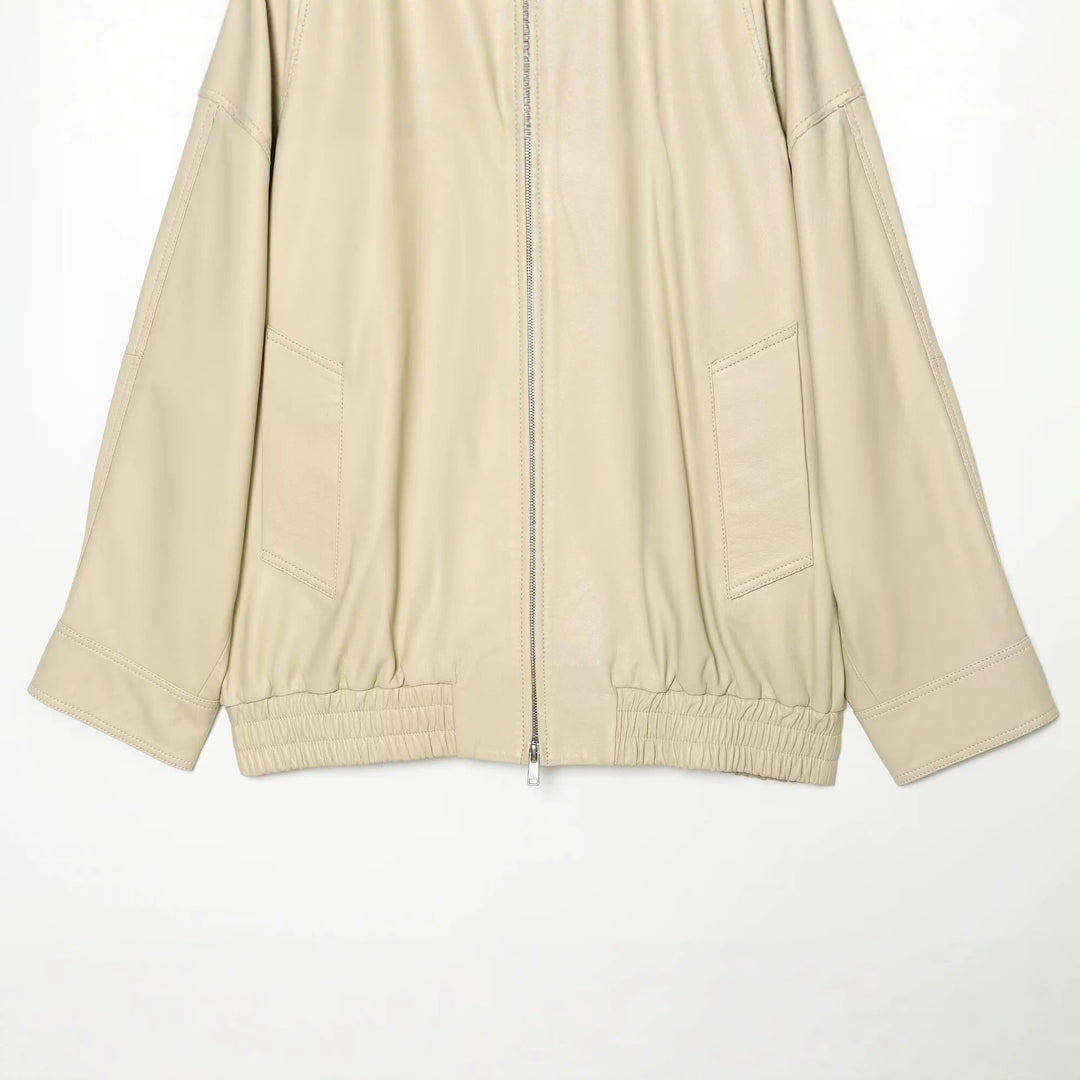 Women's Oversize Faux Leather Blouson Jacket with Stand-Up Collar Mune Fashion