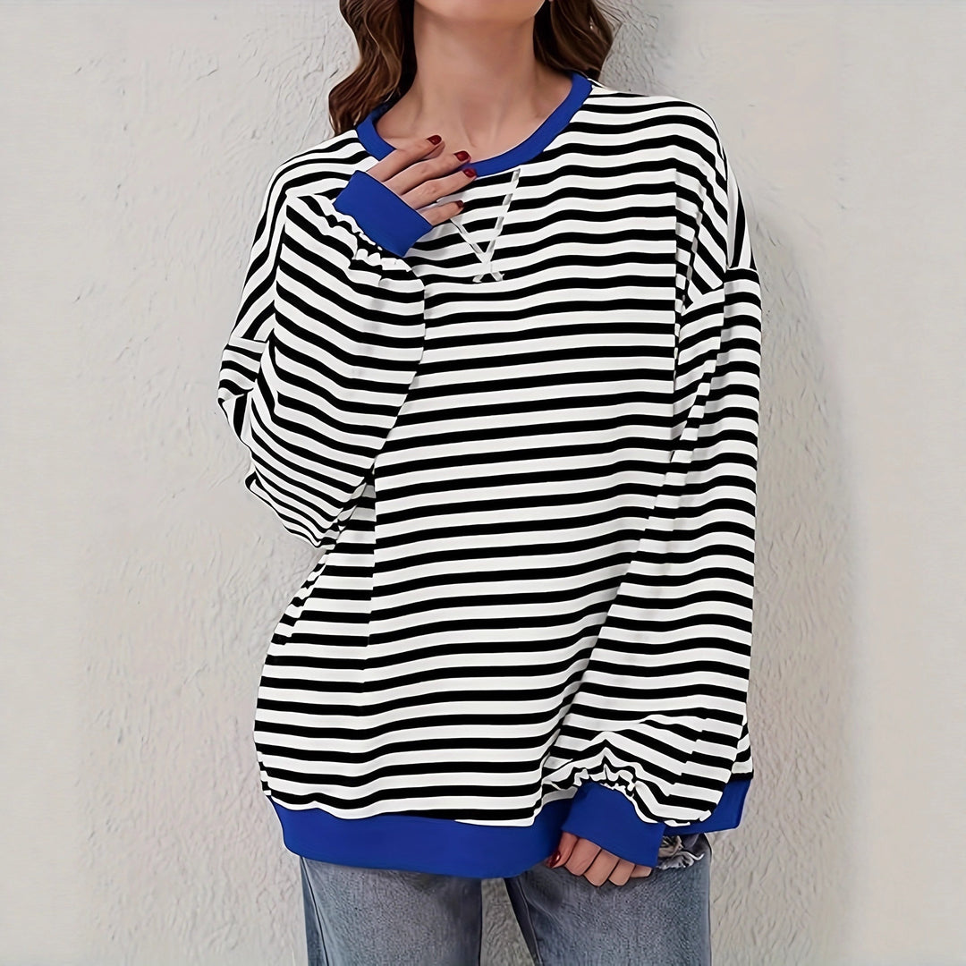 Women Casual Oversized Stripe Sweatshirt with Raglan Sleeves and Contrast Cuffs Drune