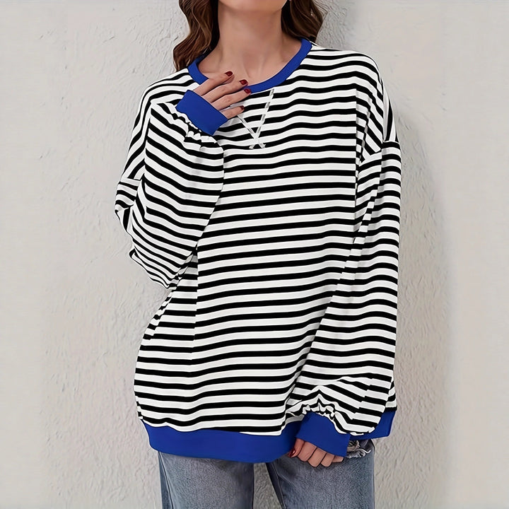 Women Casual Oversized Stripe Sweatshirt with Raglan Sleeves and Contrast Cuffs Drune