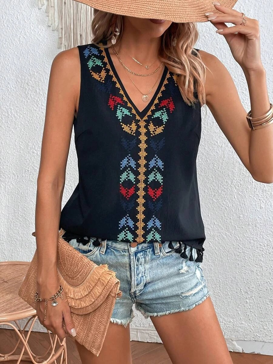 Women's Sleeveless Embroidery Top with V-Neck and Tassels Mune Fashion