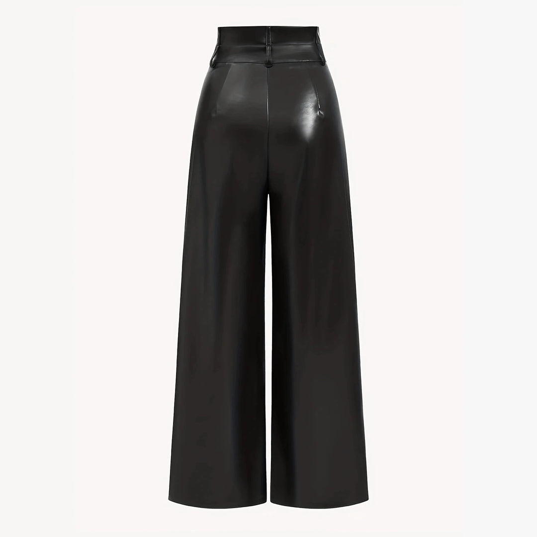 Women High-Waisted Wide-Leg Faux Leather Trousers with Decorative Buttons Mune Fashion