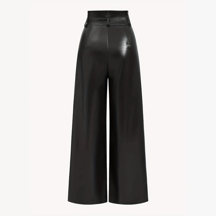 Women High-Waisted Wide-Leg Faux Leather Trousers with Decorative Buttons Mune Fashion