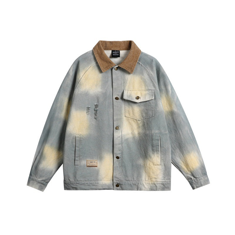 Men's Oversized Denim Jacket with Corduroy Collar and Tie-Dye Effect Mune Fashion