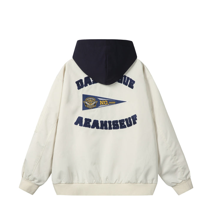 Unisex Boxy-Multi-layer Bomber Jacket with Integrated Hood and Collegiate Patch Mune Fashion