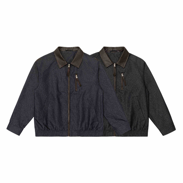 Men's short jacket in boxy cut made of wool-denim mix with leather-trimmed collar and vertical zippered chest pocket Mune Fashion