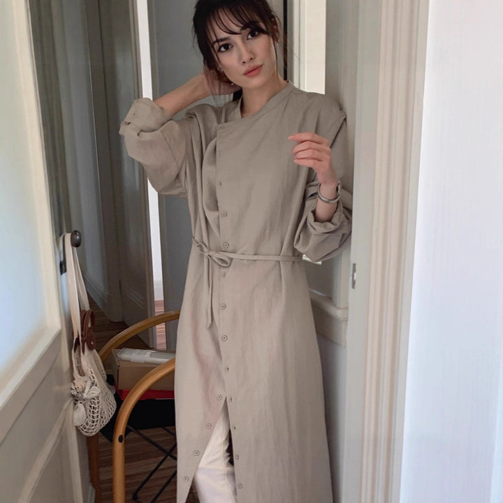Women Long Shirt Dress with V-neck, full-button placket, and waist belt Mune Fashion