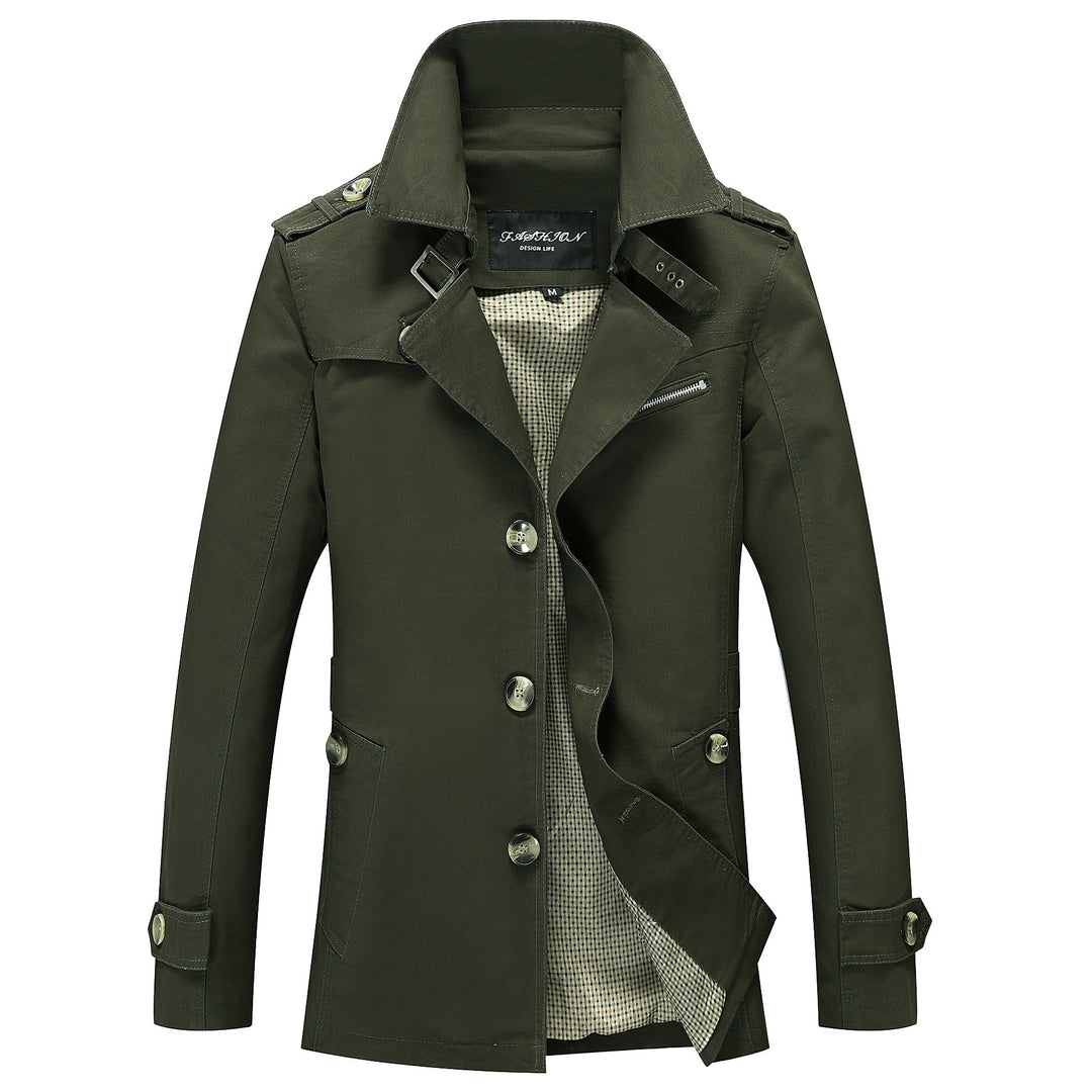 Men's mid-length canvas field parka with stand-up collar, shoulder epaulettes, and utility pockets.