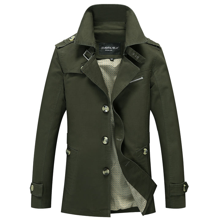 Men's mid-length canvas field parka with stand-up collar, shoulder epaulettes, and utility pockets.