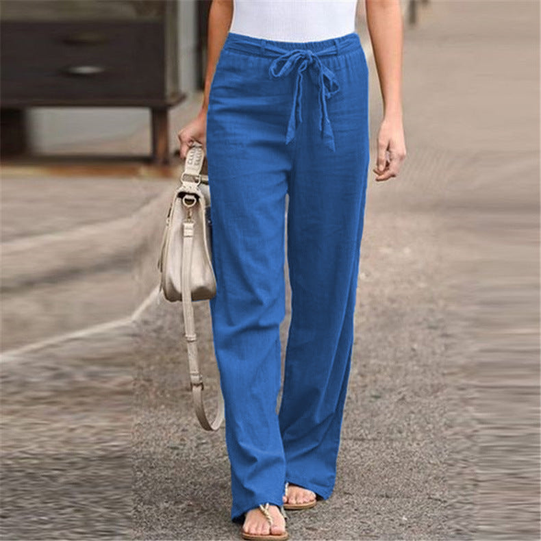 Women's Casual Linen Blend Wide Leg Pants with Drawstring Mune Fashion