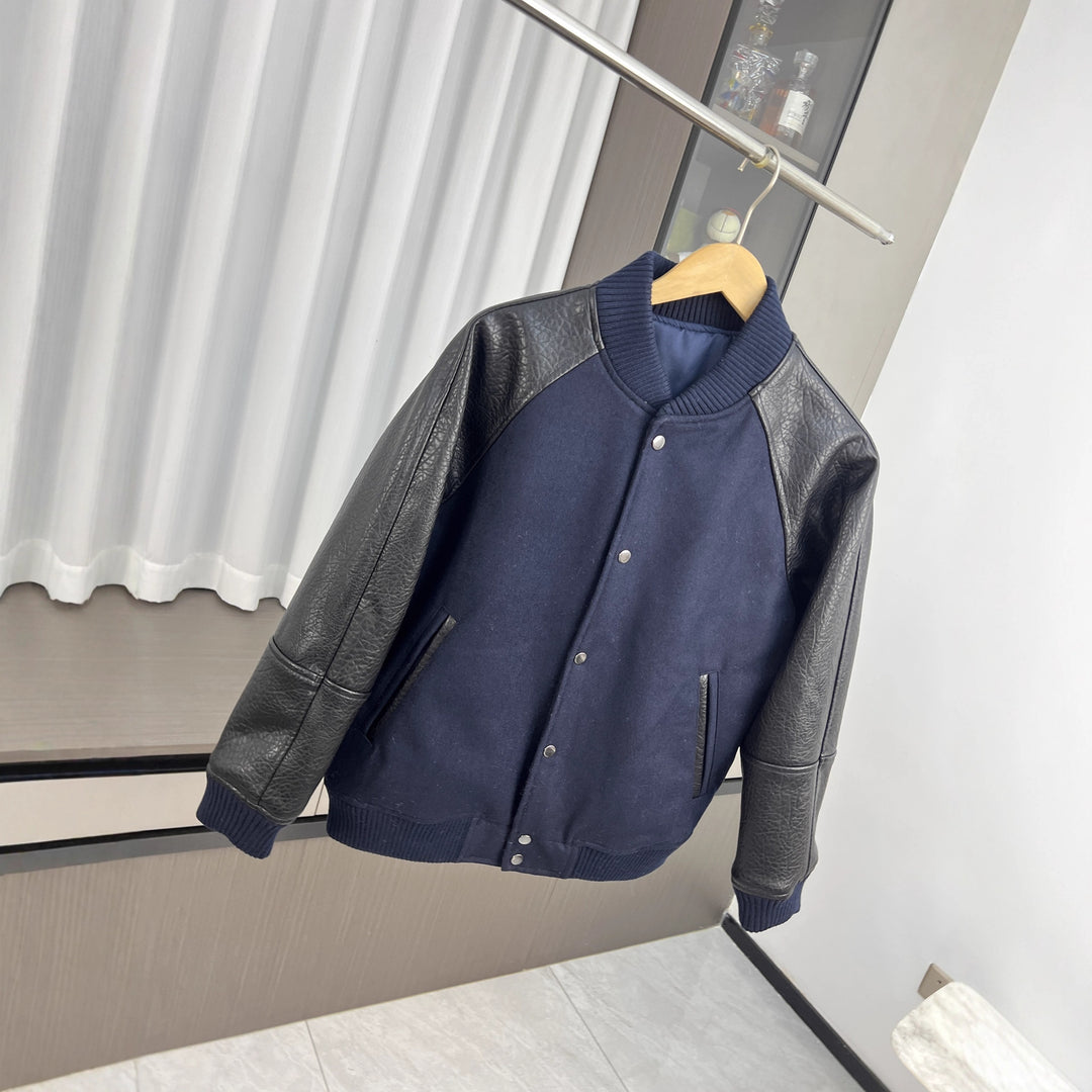 Men's College Bomber Jacket with Wool Blend Body and Structured Leather Look Sleeves Mune Fashion