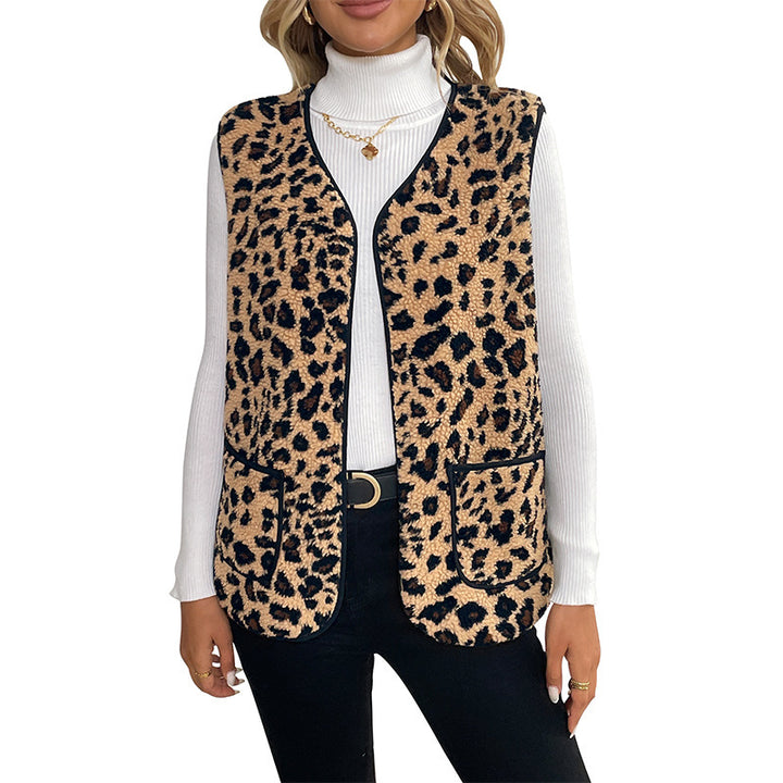 Women Lined Teddy Vest with Leopard Print and Patch Pockets Mune Fashion