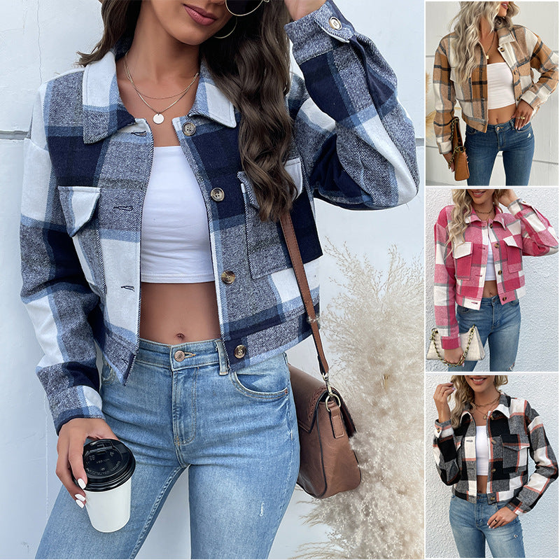 Women's short-cut checkered overshirt jacket with breast flaps and wooden buttons Mune Fashion