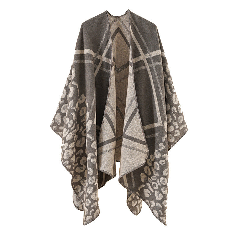 Women's Oversize Ruana Poncho with Jacquard mix, Leopard and check pattern Mune Fashion