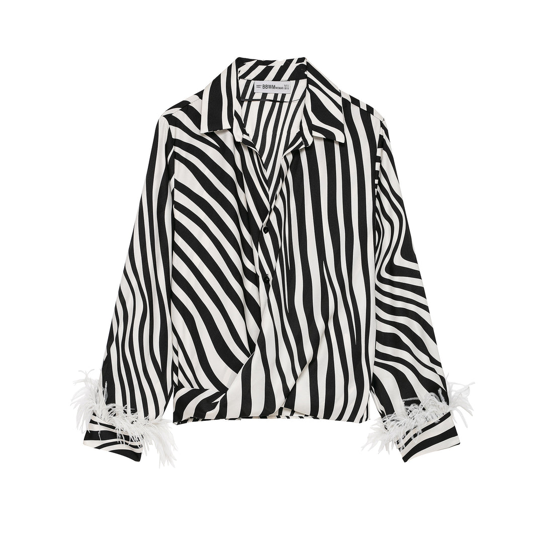 Women Striped Cropped Shirt Blouse with Feather Trim Mune Fashion