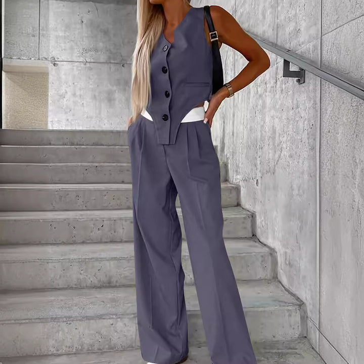 Women Asymmetrical Gilet and Palazzo Pants Set with Pleats and Side Pockets Mune Fashion
