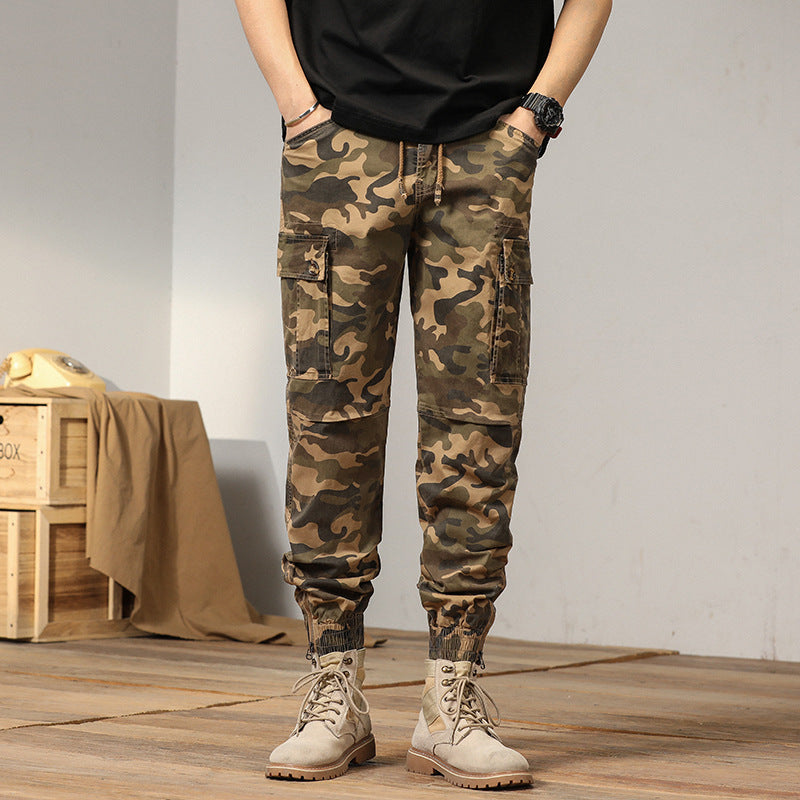 Men's tactical cargo jogger pants in camouflage look with drawstring waistband, reinforced knees, and cuffed hems Mune Fashion