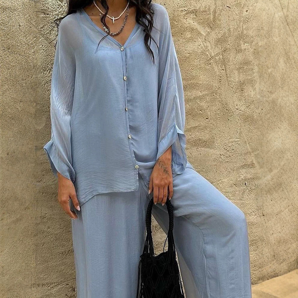 Women's Three-Piece Loungewear Set made of light viscose with oversized blouse, top and wide palazzo pants Mune Fashion