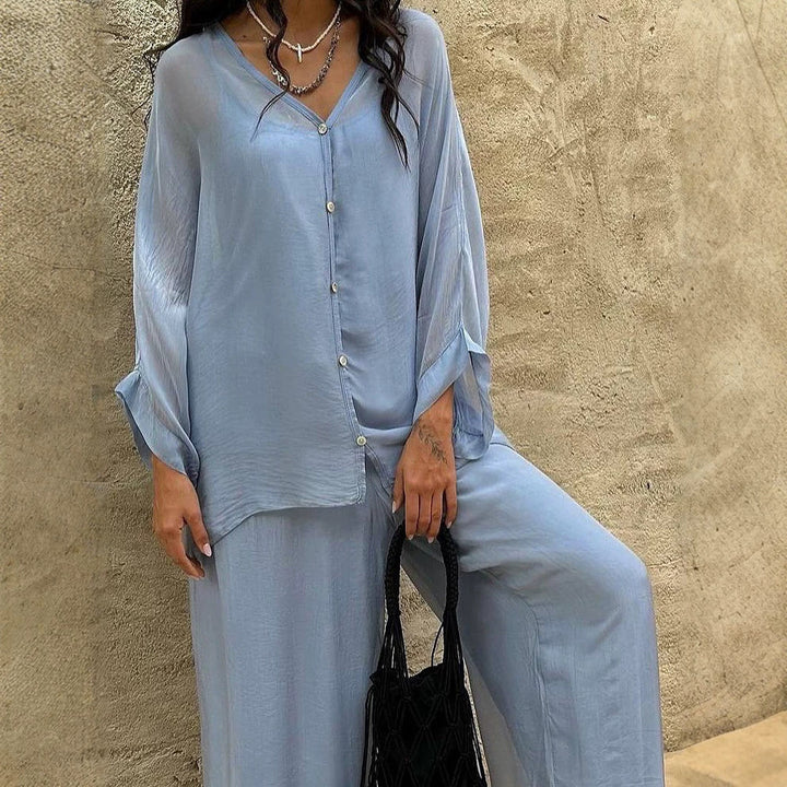Women's Three-Piece Loungewear Set made of light viscose with oversized blouse, top and wide palazzo pants Mune Fashion