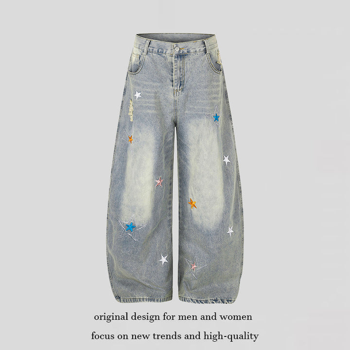 Women's Loose High-Waist Palazzo Jeans with Star Embroidery and Used Effect