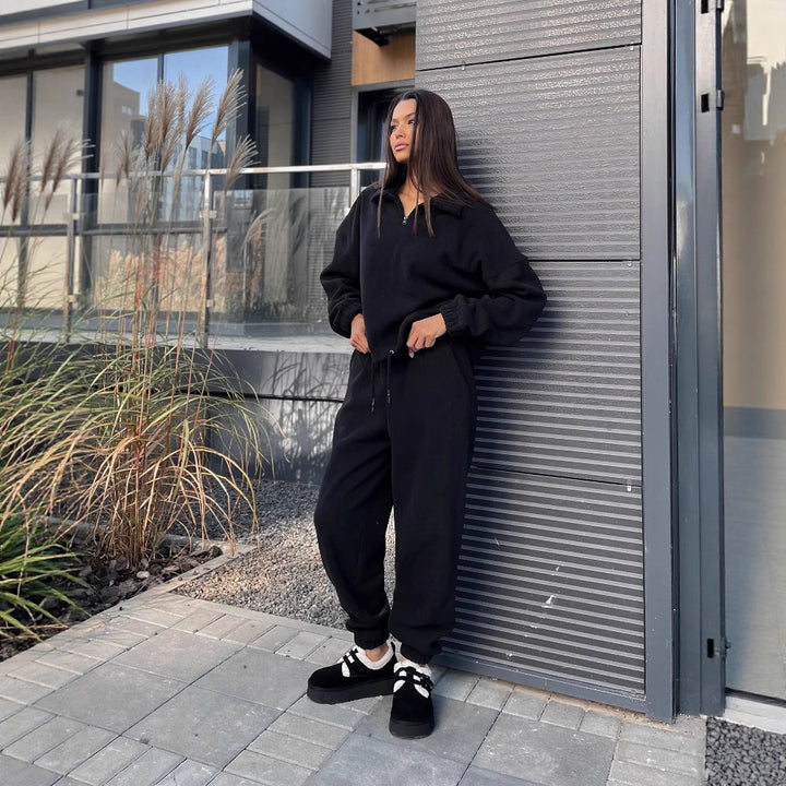 Women's Ultra-Soft Fleece Relax Set with Stand-Up Collar, Half Zipper and Elastic Slip Pants Mune Fashion