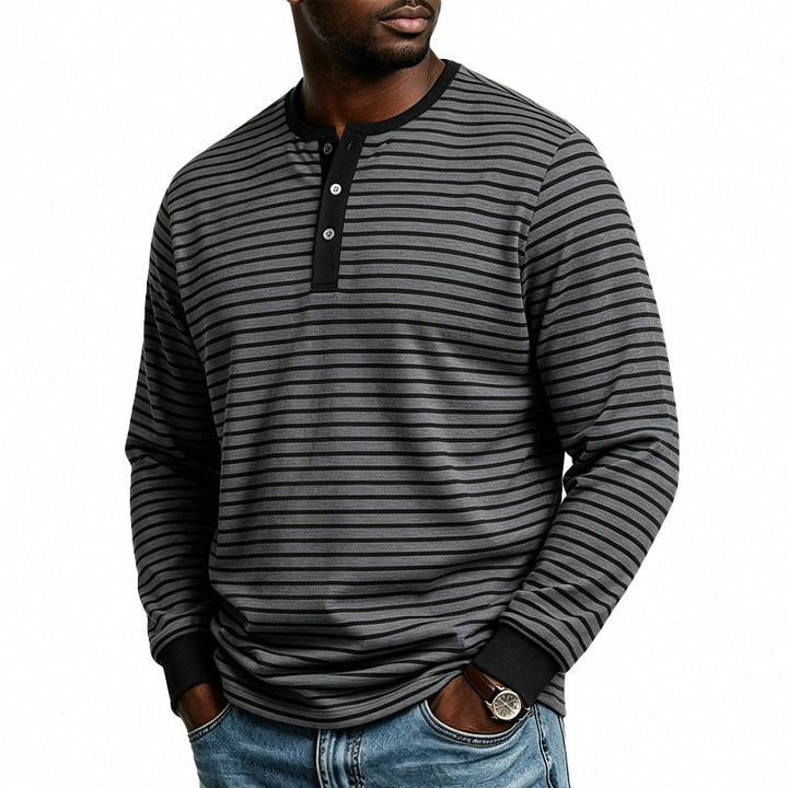 Men Striped Long Sleeve Henley Shirt Made of Cotton Blend with Button Placket Mune Fashion