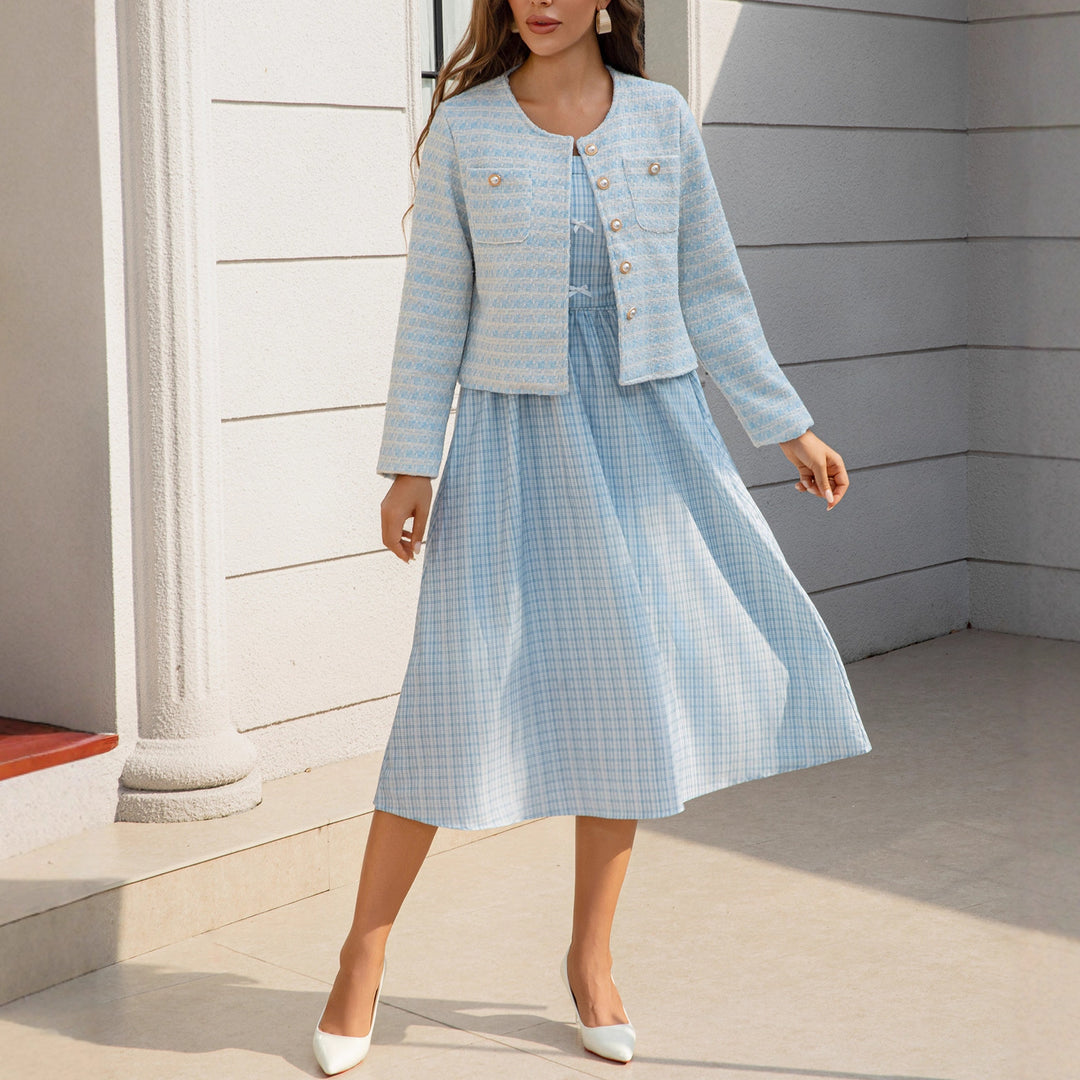Women's Two-Piece Boucle Jacket Set with Fitted Gingham Midi Dress Mune Fashion