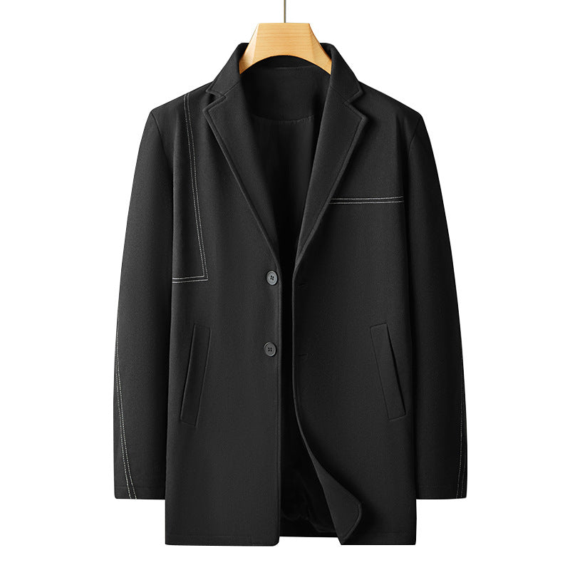 Men's Short Wool Blend Overcoat in Blazer Style with Contrasting Decorative Stitching Mune Fashion