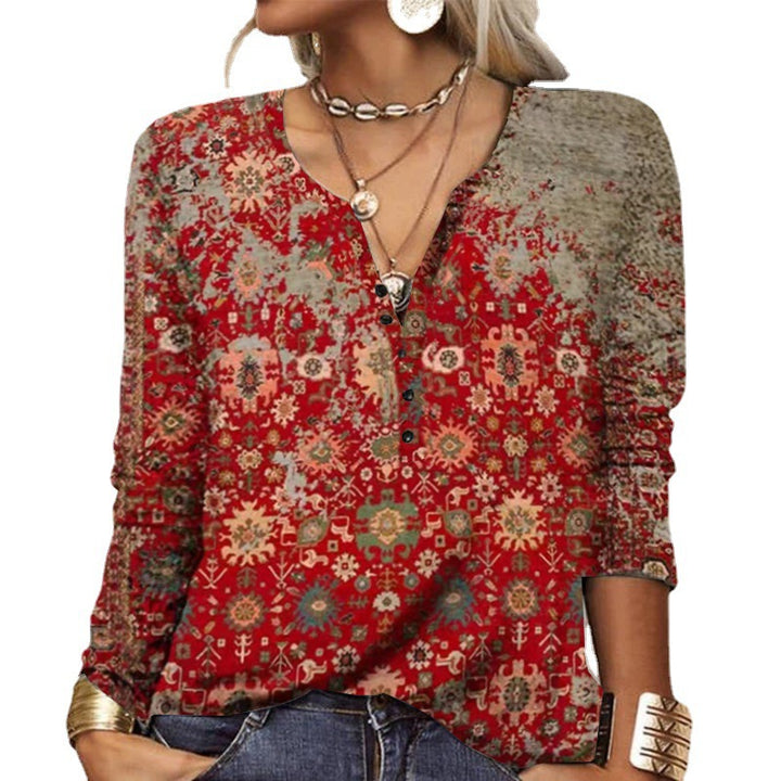 Women Loose Long Sleeve Henley Shirt with V-Neck, Button Placket and Ombre Print Mune Fashion