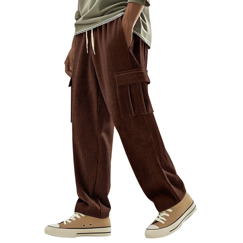 Men's corduroy cargo pants with wide leg, drawstring waistband, and patch cargo pockets