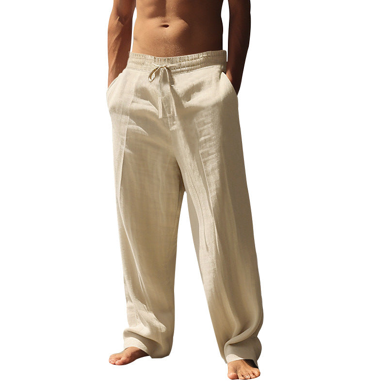 Men's relaxed fit palazzo pants made of linen blend with decorative crease and drawstring Mune Fashion