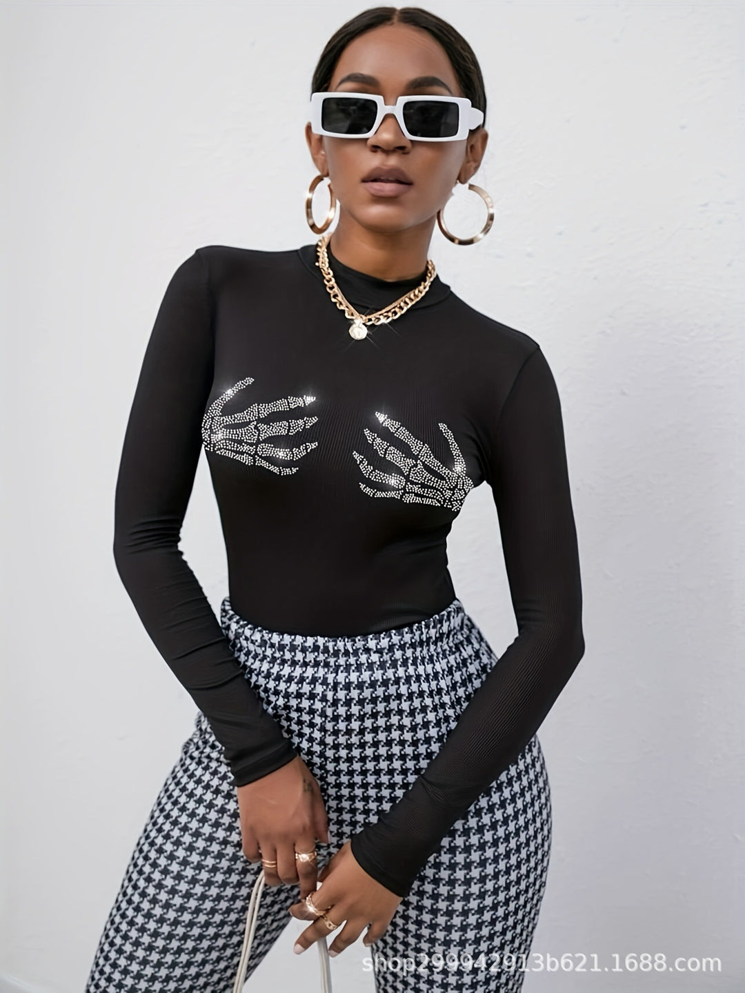 Women’s figure-hugging transparent mesh long sleeve shirt with high collar and rhinestone skeleton motif Mune Fashion