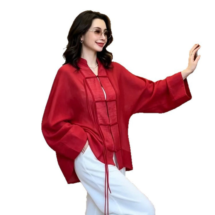 Women's Linen Kimono Jacket with Wide Sleeves, Decorative Knot Grid & Adjustable Belt Mune Fashion