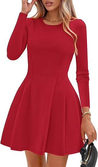 Women's Long-Sleeve A-Line Skater Dress with Figure-Flattering Seams Drune
