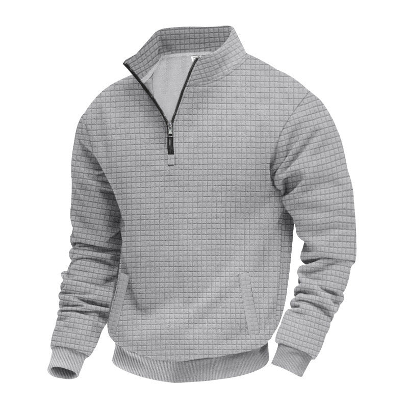 Men's Waffle Knit Half-Zip Pullover with Stand Collar and Elastic Hem Mune Fashion