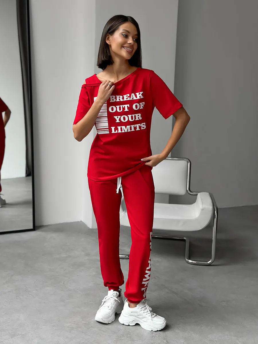 Women's casual lounge set with cut-out shoulder and statement print