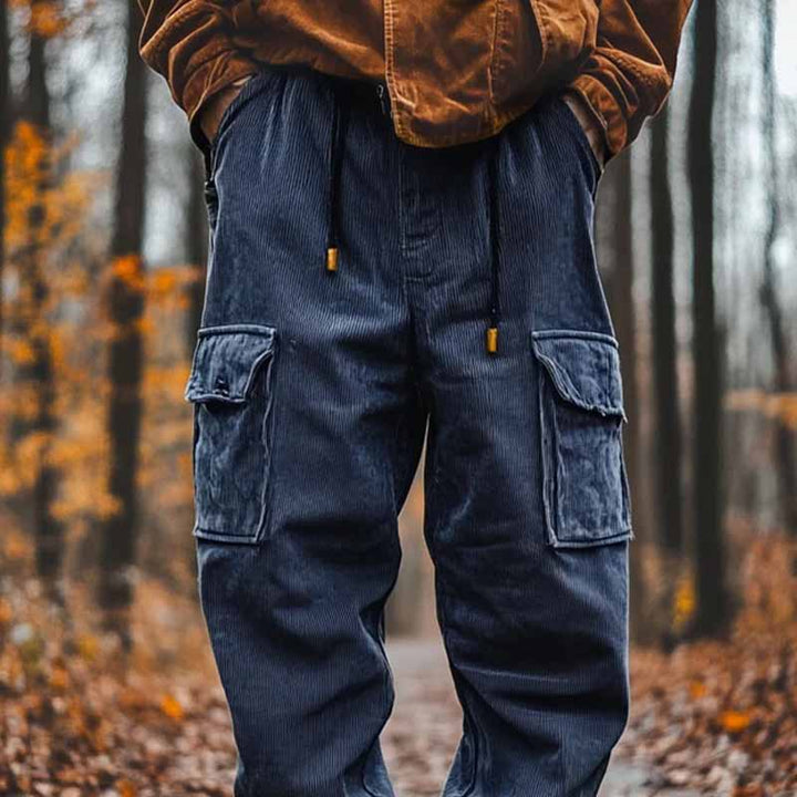 Men's corduroy cargo pants with drawstring, cuffs, and patch flap pockets Mune Fashion