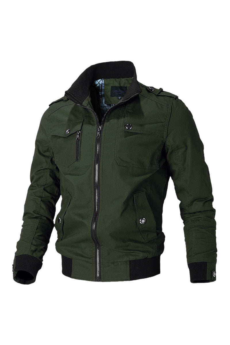 Men's short bomber jacket with stand-up collar, concealed zipper and multiple pockets.