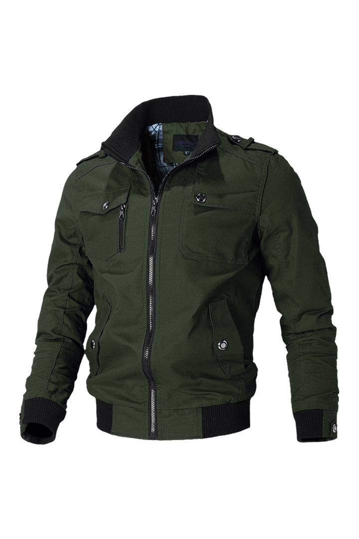 Men's short bomber jacket with stand-up collar, concealed zipper and multiple pockets.