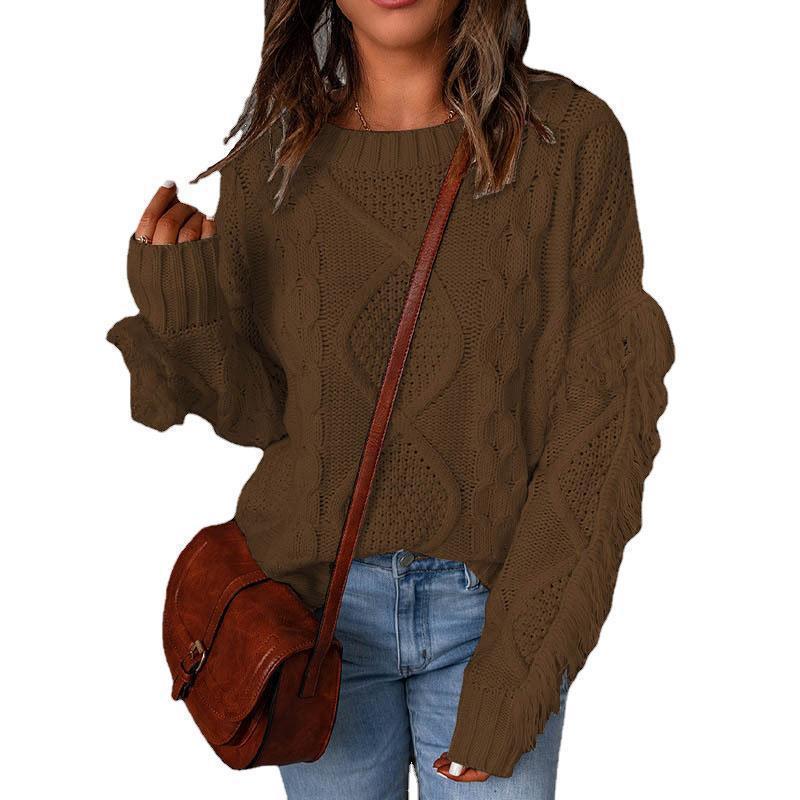 Women chunky knit sweater with cable knit structure, fringed sleeves and casual oversized fit Mune Fashion