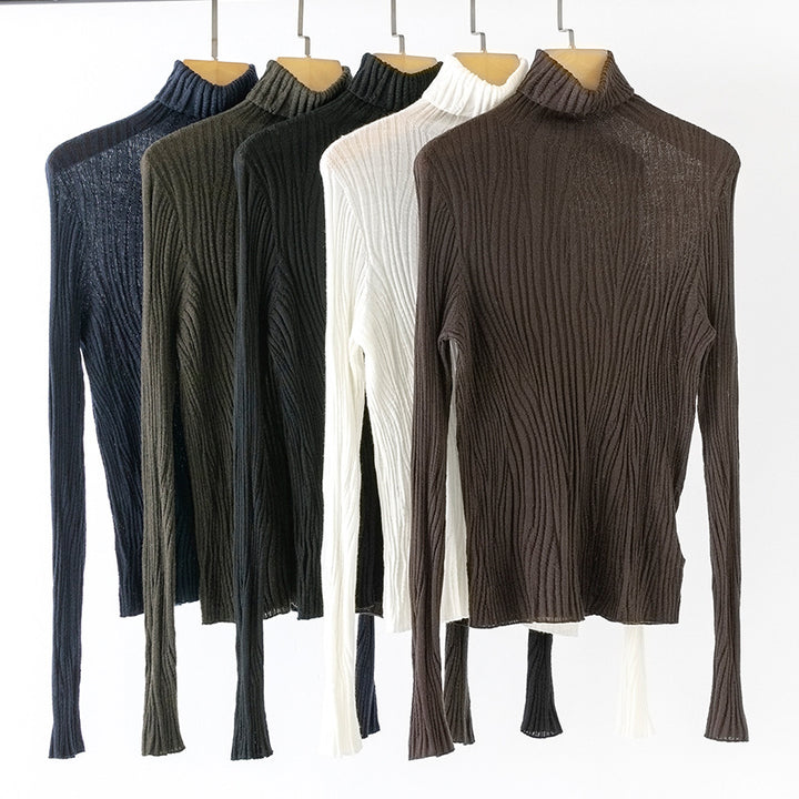 Women's Slim Fine Knit Turtleneck Sweater with Wavy Rib Structure Mune Fashion