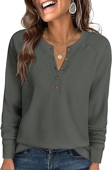 Ladies Waffle Knit Henley Long Sleeve with Button Placket, Raglan Sleeves and Ribbed Cuffs Mune Fashion
